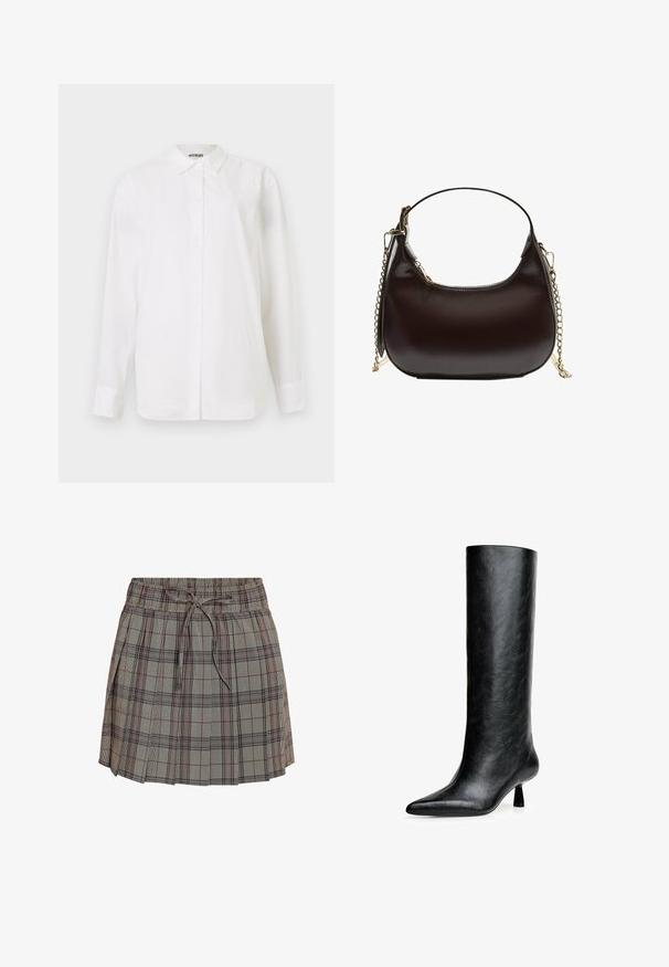 Suede jacket in olive green with a high collar, two front pockets, and ribbed waistband. Smooth texture and tailored design details.; White button-up shirt made of smooth fabric. Features a classic collar, long sleeves, and a straight cut with no visible patterns or embellishments.; Plaid skirt with an elastic waistband and adjustable drawstring. Features a light gray base with black and red checkered patterns.; Black knee-high boot made from textured leather. Features a pointed toe and a small, flared heel. Sleek, smooth design with minimal accents.; Black leather shoulder bag with a curved silhouette, featuring a gold chain strap and a smooth, glossy finish.