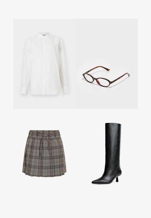 Suedesjakke i olivengrøn med høj krave, to forlommer og ribbet talje. Glat tekstur og skræddersyede designdetaljer.; Hvid skjorte med knap-lukning lavet af glat stof. Har en klassisk krave, lange ærmer og en lige pasform uden synlige mønstre eller udsmykninger.; Rutig nederdel med elastisk talje og justerbar snor. Har en lysegrå bund med sorte og røde tern.; Sort knæhøje støvler lavet af struktureret læder. Har en spids tå og en lille, udvidet hæl. Slankt, glat design med minimale accenter.; Skildpaddedesign solbriller med ovale linser, der har en mørk ramme med lyse og mørke brune mønstre samt slanke, buede stænger.; Sort læder skuldertaske med en buet silhuet, der har en guld kædestrop og en glat, blank finish.
