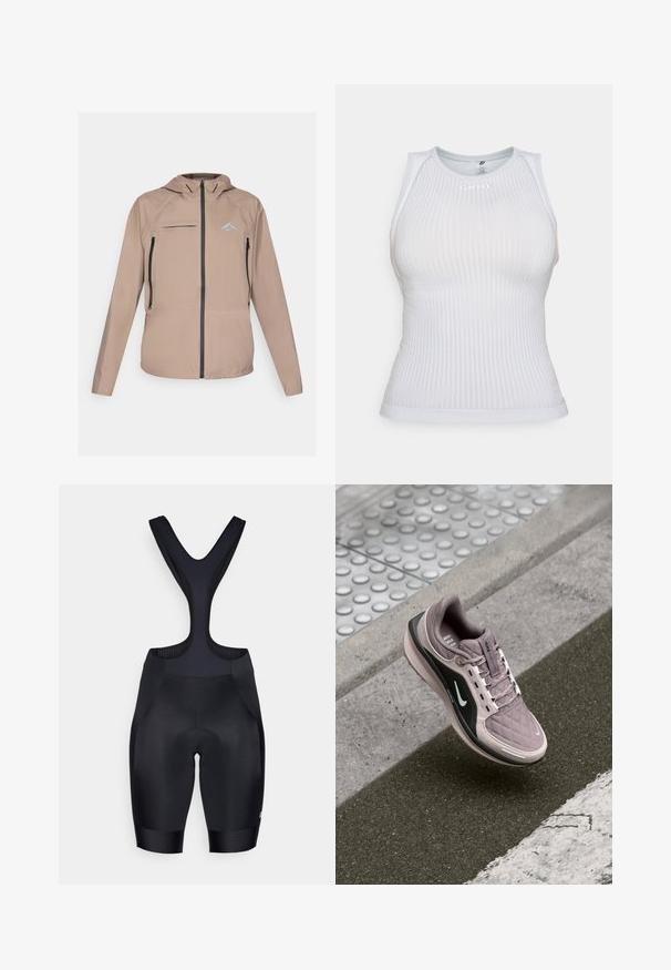 Lätt beigefärgad jacka med en figurnära huva, dragkedja fram och fickor, samt en subtil logotyp. Slät tyg med texturerade detaljer.; Hvit figurnära ärmlös topp med ribbad textur, rund halsringning och subtil logotypdetalj. Slättyg och minimalistisk design.; Svarta cykelbyxor med en strukturerad baksida, med en vadderad sittdel och en kroppsnära design med en slät finish.; Ljuslila sportskor med quiltad textur, svarta sidodetaljer och vit logotyp. Har snören och en dämpad sula för komfort.