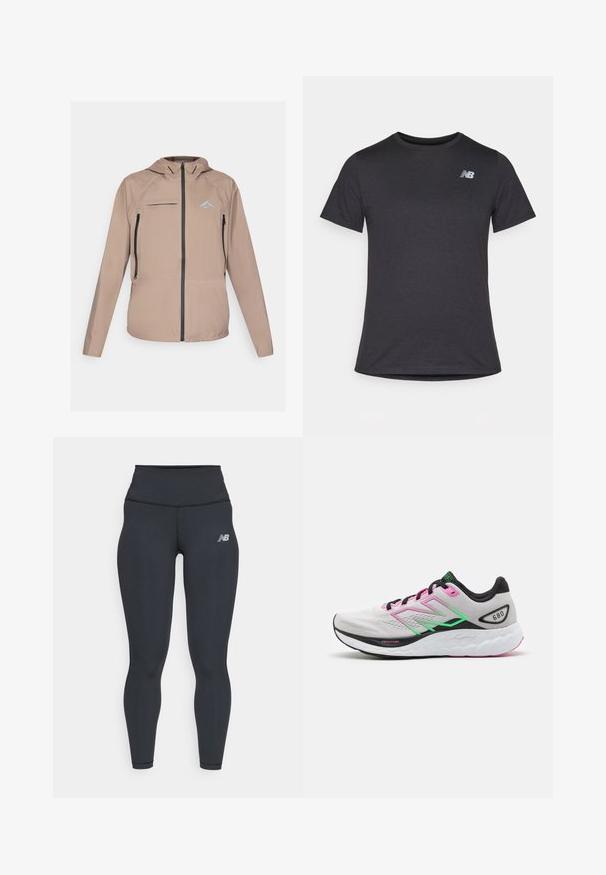 Giacca leggera beige con cappuccio aderente, chiusura zip e tasche, e un accento logo sottile. Tessuto liscio con dettagli texturizzati.; T-shirt nera a maniche corte realizzata in tessuto morbido, con un piccolo logo grigio New Balance posizionato sulla parte superiore sinistra del petto, design classico con girocollo.; Leggings sportivi neri con vita alta, caratterizzati da una superficie liscia e un piccolo logo bianco di New Balance sulla coscia.; Scarpa da corsa leggera con una tomaia grigia, accenti rosa e verde, e una suola spessa bianca caratterizzata da motivi testurizzati, etichettata "Fresh Foam".