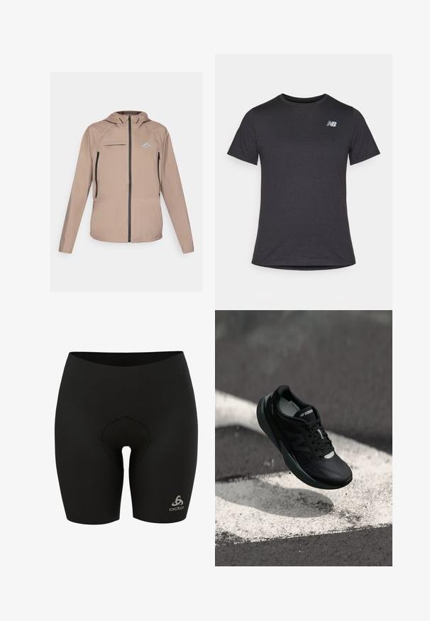 Lehká béžová bunda s přiléhavou kapucí, zipem vpředu a kapsami, s jemným logem. Hladká tkanina s texturovanými detaily.; Černé tričko s krátkým rukávem vyrobené z měkké tkaniny, s malým šedým logem New Balance na levé horní části hrudi, klasický design s kulatým výstřihem.; Černé cyklistické šortky vyrobené z pružného materiálu, s polstrovaným vnitřkem, vysokým pasem a malým logem na dolním pravém boku.; Černá běžecká bota s texturovaným svrškem, elegantním designem a reflexními akcenty. Nabízí měkkou, polstrovanou podrážku pro pohodlí.