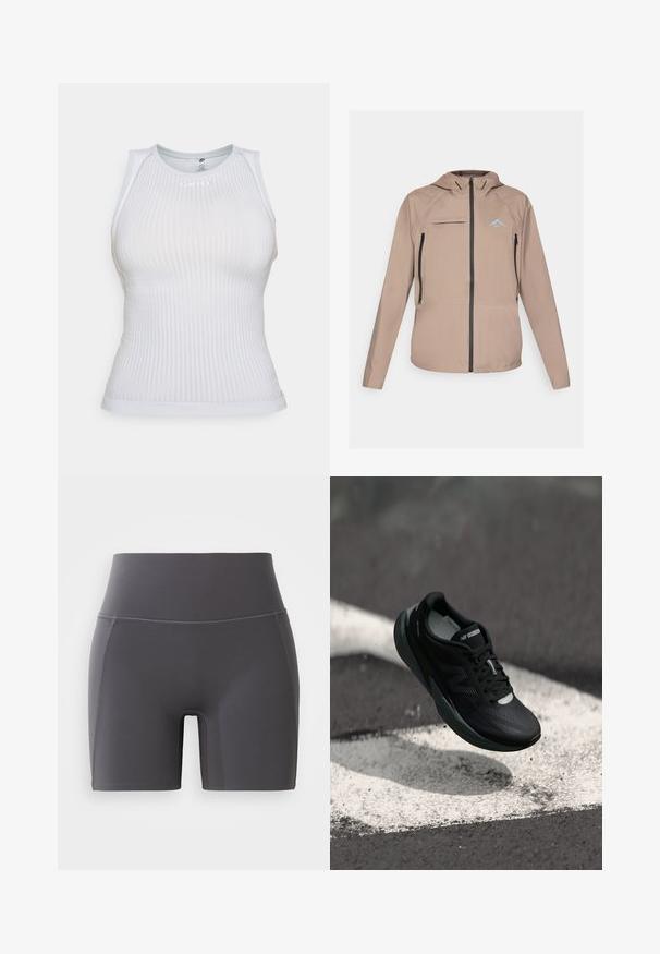 Kevyt beige takki, jossa on muotoiltu huppu, vetoketjukiinnitys ja taskut, sekä hillitty logoelementti. Sileä kangas, jossa on teksturoitua yksityiskohtaa.; Valkoinen istuva hihaton paita, jossa on ribbitoitu pinta, pyöreä pääntie ja hillitty logotyyli. Sujuva kangas ja minimalistinen muotoilu.; Harmaat urheilushortsit, joissa on korkea vyötärö, valmistettu sileästä ja joustavasta kankaasta. Ominaisuuksiin kuuluvat litteät saumat ja tiukka muotoilu.; Musta juoksukenkä, jossa on teksturoitu yläosa, tyylikäs muotoilu ja heijastavat yksityiskohdat. Varustettu pehmeällä, vaimennettulla pohjalla mukavuutta varten.