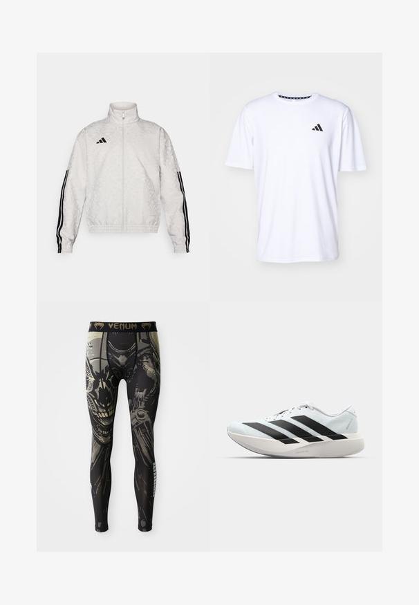 Balta jaciņa ar rāvējslēdzēju, ar rakstainu tekstūru, piedurknēs ir melnas triju svītru akcenti un uz krūtīm ir izšūta logo.; Balta īsām piedurknēm T-kreklu, kas izgatavots no auduma ar gludu tekstūru. Tam ir melns adidas logo kreisajā krūtī un rakstains apkakles dizains.; Melna un pelēka saspiešanas legingi ar sīk detalizētu robota vai kiborga sejas dizainu un "VENUM" logo uz jostas.; Gaiši zili vieglie skriešanas apavi ar melniem svītrainiem. Iezīmēti ar gludu augšpusi, apaļu purngalu un biezāko balto vidējo zoli, kurā ir uzraksts "LIGHTSTRIKE PRO."