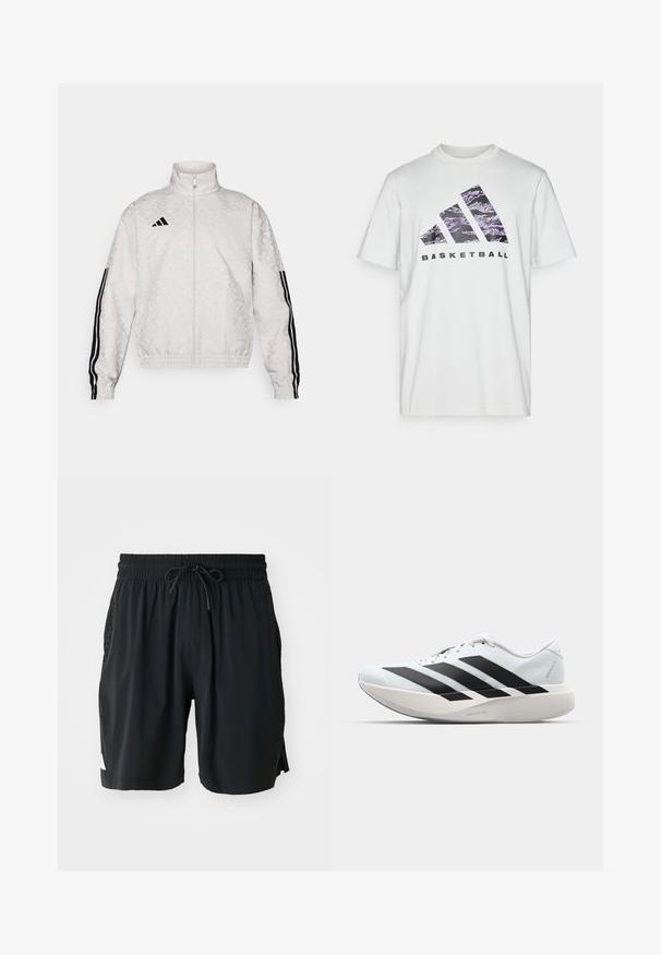 Balta užtrauktuku užsegama striukė su raštuotu tekstūra, turinti juodas tris juosteles ant rankovių ir išsiuvinėtą logotipą ant krūtinės.; Balta medvilninė marškinė su trumpomis rankovėmis, turi violetinę ir juodą grafiką su trimis juostelėmis ir žodžiu "KREPSINIS."; Juodi sportiniai šortai su raišteliu liemenyje, šoninėmis kišenėmis su perforuotais detalėmis ir baltu logotipu kairiajame šone.; Lengvi bėgimo batai šviesiai mėlynos spalvos su juodomis juostelėmis. Yra lygus viršus, apvalus pirštas ir storas baltas vidpadis su užrašu "LIGHTSTRIKE PRO."