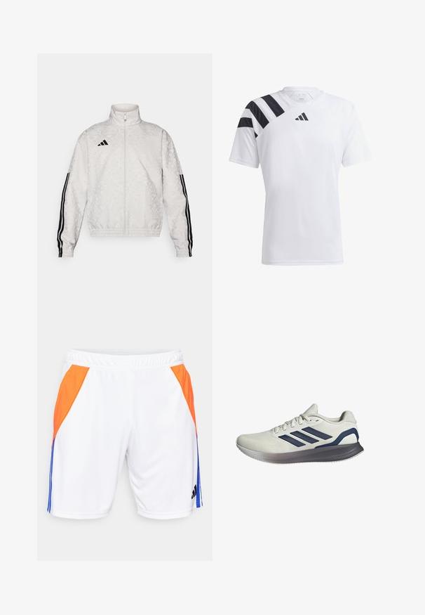 White zip-up jacket with a patterned texture, featuring black three-stripe accents on the sleeves and an embroidered logo on the chest.; White lightweight athletic shirt with black stripes on the left shoulder and black logo on the chest. Short sleeves, crew neck design.; adidas Performance TIRO24 TRAINING SHORT - Sports shorts - white/lucid blue/app solar red; Light gray athletic shoe with a textured mesh upper, navy three-stripe design, and a gray rubber sole with ergonomic shape.