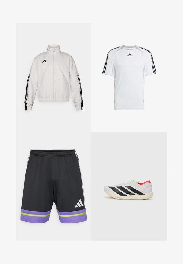 Valkoinen vetoketjullinen takki, jossa on kuviollinen pinta, mustilla kolmoisraidoilla hihoissa ja brodeeratulla logolla rinnassa.; Valkoinen lyhythihainen urheilupaita, jossa on mustat Adidasin kolme raitaa olkapäillä, valmistettu sileästä ja kevyestä kankaasta.; Musta urheilushortsit, joissa on purppura- ja vihreäraita helmaan, elastinen vyötärö ja valkoinen Adidas-logo.; Valkoinen juoksukenkä, jossa on mustat raidat, neonvihreät yksityiskohdat ja punainen kanta. Ominaisuuksiin kuuluu kevyt muotoilu ja teksturoitu pohja pidon takaamiseksi.