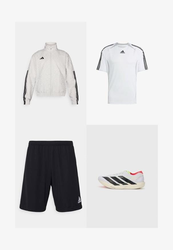 Bílá zipová bunda se vzorovanou texturou, s černými třemi pruhy na rukávech a vyšívaným logem na hrudi.; Bílý krátký sportovní rukáv s černými akcenty tří pruhů Adidas na ramenou, vyrobený z hladké a lehké tkaniny.; Černé sportovní šortky vyrobené z lehké, prodyšné tkaniny. Obsahují elastický pas a stříbrné logo Adidas na dolní pravé straně.; Bílé běžecké boty s černými pruhy, neonově zelenými akcenty a červenou patou. Mají lehký design a texturovanou podrážku pro lepší přilnavost.