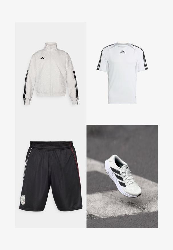 Fehér zipzáras dzseki mintás textúrával, fekete háromcsíkos díszítéssel az ujjakon és hímezett logóval a mellkason.; Fehér, rövid ujjú sport póló fekete Adidas három csíkkal a vállakon, sima, könnyű szövetből készült.; Fekete sportos rövidnadrág rugalmas derekkal, fehér és piros oldalsávokkal, valamint kör alakú logóval a bal lábon. Sima, könnyű anyag.; Fehér sportcipő texturált hálós felsőrésszel, fekete csíkokkal, fűzős záródással és párnázott talppal, egy megjelölt útfelület felett lebeg.