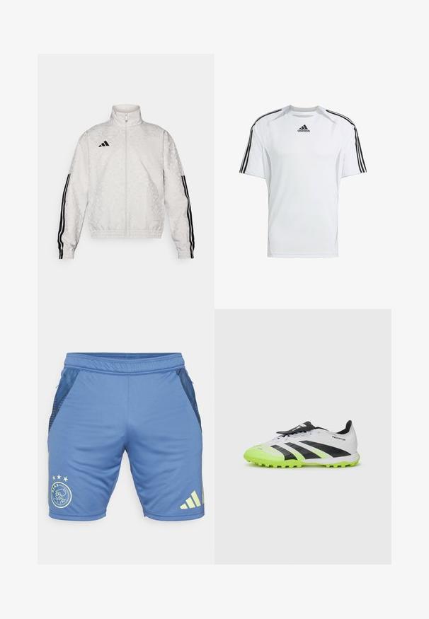 Giacca bianca con zip, caratterizzata da una texture a motivo, con accenti neri a tre strisce sulle maniche e un logo ricamato sul petto.; Maglietta atletica bianca a maniche corte con accenti neri a tre strisce Adidas sulle spalle, realizzata in tessuto leggero e liscio.; Shorts atletici blu realizzati in un tessuto liscio con pannelli laterali in rete. Presentano un logo e stelle gialle sul davanti e un marchio sul lato.; Scarpe da calcio bianche e nere con accenti verde neon. Parte superiore tessurizzata, strisce nere e tacchetti stampati su una suola vibrante a contrasto.