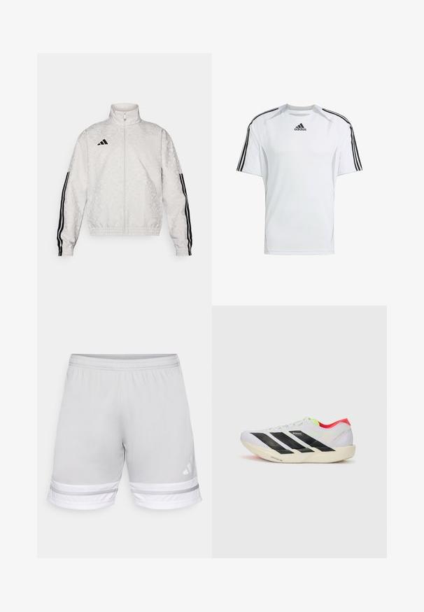 Jachetă albă cu fermoar, având o textură modelată, cu accente negre în trei dungi pe mâneci și un logo brodat pe piept.; Cămașă sport albă cu mâneci scurte, cu accente negre într-un model cu trei dungi Adidas pe umeri, confecționată dintr-un material fin și ușor.; Șorturi atletice gri deschis, cu un brâu elastic, având accente alb-negru la margine și un logo Adidas.; Adidași albi pentru alergare cu dungi negre, accente verzi neon și toc roșu. Prezintă un design ușor și o talpă texturată pentru aderență.