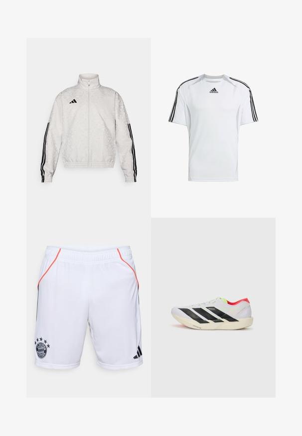 Hvit zip-up jakke med mønstret tekstur, med svarte tre-stripes aksenter på ermene og et brodert logo på brystet.; Hvit kortermet treningsskjorte med svarte Adidas tre-stripes detaljer på skuldrene, laget av glat og lett stoff.; Hvite sportsjakker med svarte og oransje detaljer. Har FC Bayern München-logoen og tre svarte striper på siden. Lett materiale.; Hvite joggesko med svarte striper, neongrønne detaljer og rød hæl. Har et lett design og teksturert såle for grep.