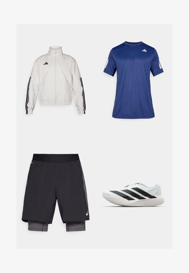 Balta jaciņa ar rāvējslēdzēju, ar rakstainu tekstūru, piedurknēs ir melnas triju svītru akcenti un uz krūtīm ir izšūta logo.; Navy zila īsām piedurknēm sporta krekls, kas izgatavots no gludas auduma, ar apaļu kakla izgriezumu un baltu logotipa detaļu kreisajā augšējā krūtīs.; Melnas sporta šortos ar gludu tekstūru, kas aprīkoti ar plašu elastīgu jostu un iekšējo oderi tumšākā tonī. Iekļautas sānu kabatas.; Gaiši zili vieglie skriešanas apavi ar melniem svītrainiem. Iezīmēti ar gludu augšpusi, apaļu purngalu un biezāko balto vidējo zoli, kurā ir uzraksts "LIGHTSTRIKE PRO."