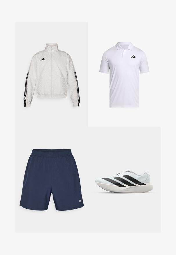 Hvit zip-up jakke med mønstret tekstur, med svarte tre-stripes aksenter på ermene og et brodert logo på brystet.; Hvit polo skjorte laget av pustende stoff med krage, med korte ermer og svart Adidas-logo på venstre bryst.; Marineblå shortser laget av lett stoff, med elastisk midjebånd og en liten logo på nederste høyre side. Glatt tekstur, knelengde.; Lette løpesko i lys blå med svarte striper. Har en myk overdel, rund tå og tykk hvit mellomsole merket "LIGHTSTRIKE PRO."