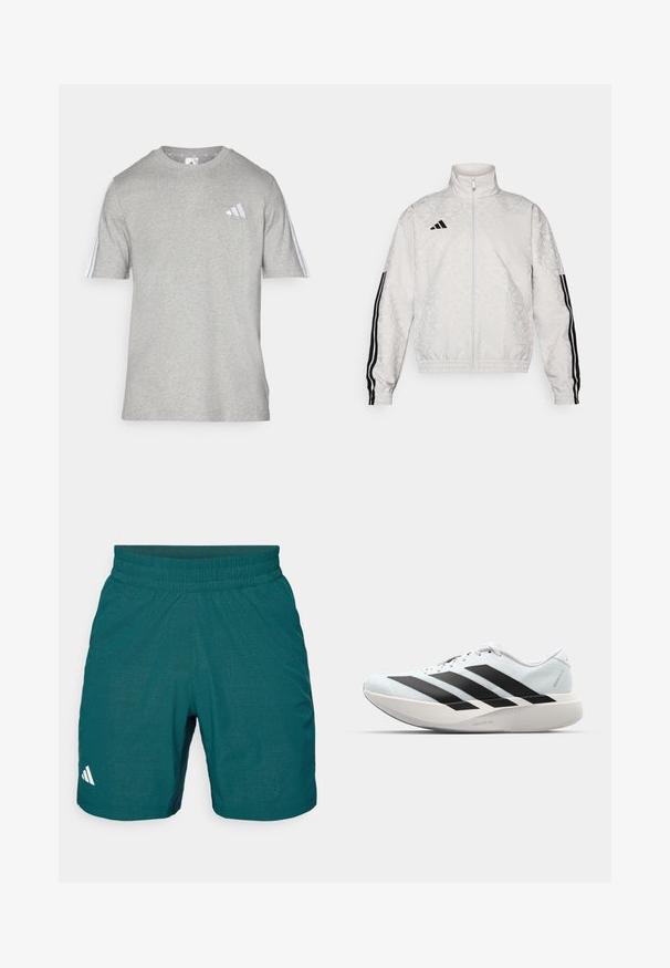 Bílá zipová bunda se vzorovanou texturou, s černými třemi pruhy na rukávech a vyšívaným logem na hrudi.; Šedé tričko s krátkým rukávem vyrobené z bavlněné směsi s kulatým výstřihem. Obsahuje tři bílé pruhy na každém rameni a malé logo.; Tyrkysové sportovní šortky vyrobené z lehkého materiálu, s elastickým pasem, vzorovanou texturou a malým bílým logem na levé straně.; Lehké běžecké boty v světle modré barvě s černými pruhy. Mají hladký svršek, kulatou špičku a silnou bílou mezipodešev označenou "LIGHTSTRIKE PRO."