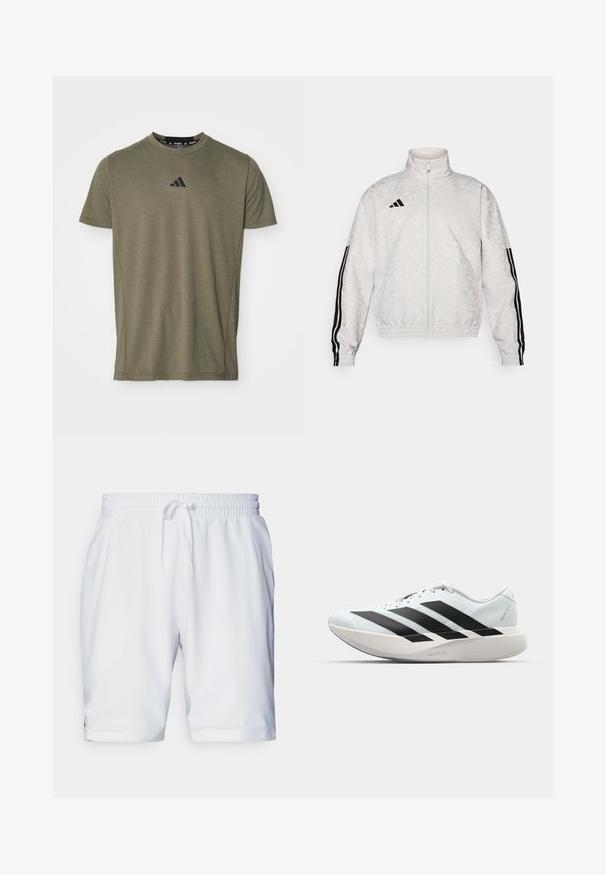 Chaqueta blanca con cremallera y textura estampada, con acentos en negro con tres rayas en las mangas y un logotipo bordado en el pecho.; Camiseta de manga corta en verde oliva, fabricada con una tela suave, con el logo negro de Adidas en el pecho y un cuello redondo clásico.; Pantalones cortos deportivos blancos con cintura elástica y cordón ajustable. Tejido suave con una sutil textura, que cuenta con bolsillos laterales.; Zapatillas de running ligeras en azul pálido con rayas negras. Presentan una parte superior suave, puntera redonda y una gruesa mediasuela blanca etiquetada como "LIGHTSTRIKE PRO".