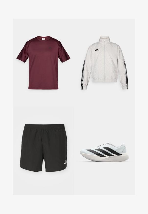 Bijela jakna s patentnim zatvaračem i uzorkom, koja ima crne trostruke detalje na rukavima i izvezeni logo na prsima.; Burgundijska atletska majica s kratkim rukavima, okruglim izrezom i malim crnim logotipom na prsima. Izrađena od glatkog, laganog materijala.; Crne atletske kratke hlače s elastičnim pojasom, bočnim prorezima i reflektirajućim logotipovima. Izrađene od lagane, glatke tkanine.; Lagane tenisice za trčanje u svijetloplavoj boji s crnim trakama. Imaju glatku gornju površinu, okrugli vrh i debeli bijeli srednji sloj označen "LIGHTSTRIKE PRO."