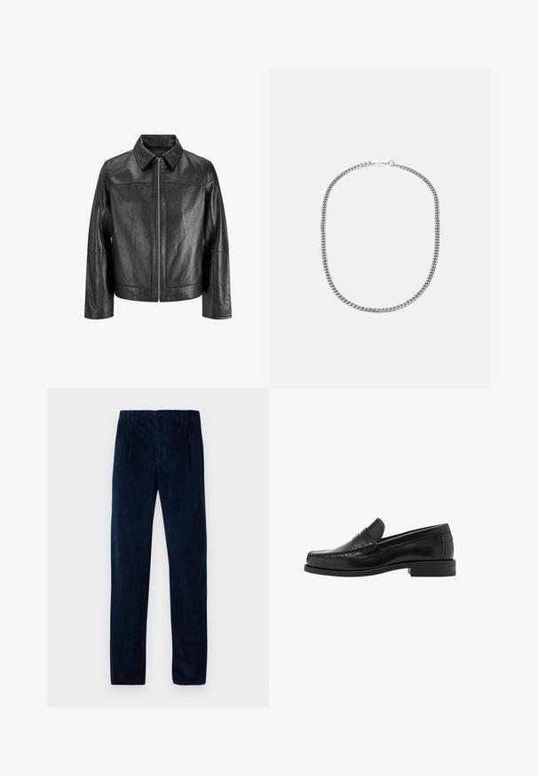 Musta nahkatakki, jossa on terävä kaulus, edessä vetoketju ja pitkät hihat. Sisältää sileän pinnan ja yksinkertaisen muotoilun. Ei ylimääräisiä koristeita.; Mustavilla neule, pyöreä pääntie, pitkähihaisena, ribattu hihansuut ja helma, pehmeä rakenne, tasavärinen, minimalistinen muotoilu.; Tummansininen corduroy-housut, joissa on etupleukku, vyölenkit, sivutaskut sekä nappi- ja vetoketjukiinnitys, esitettynä litteänä valkoista taustaa vasten.; Musta nahkayksilöinen loafersi, jossa on sileä pinta, ommellut yksityiskohdat varpaisiin ja matala kanta mukavuutta ja tyyliä varten.; Hopeaketjuna valmistettu hopeanvärisestä metallista, joka sisältää paksuja, toisiinsa kytkeytyviä lenkkejä, kiillotettua pintaa ja pienen klipsin, jossa on brändityyli.