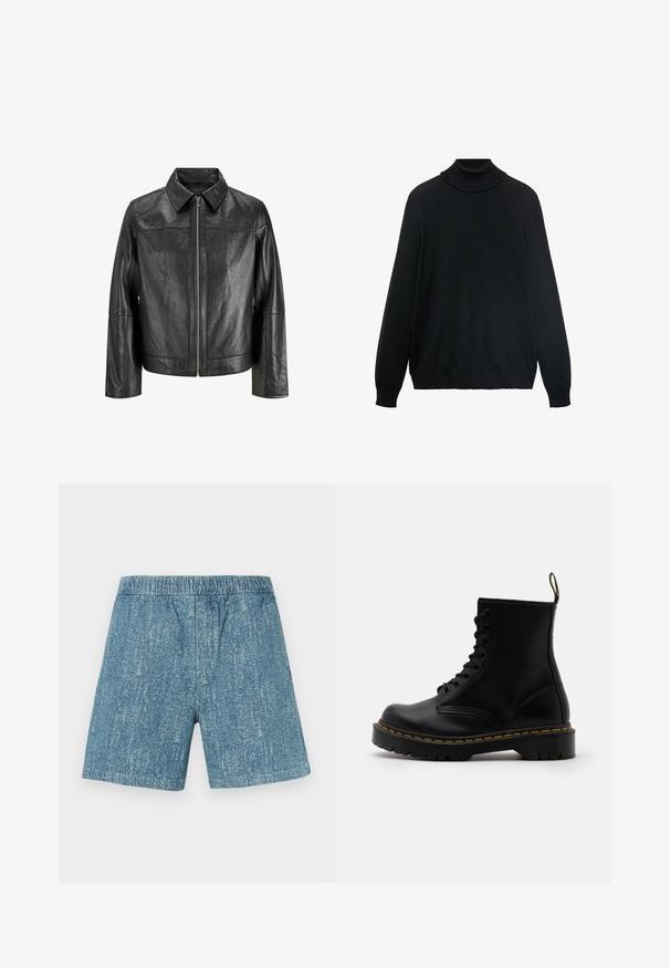 Čierna kožená bunda s špicatým golierom, predným zipsom a dlhými rukávmi. Vyznačuje sa hladkou textúrou a jednoduchým dizajnom. Bez ďalších ozdobných prvkov.; Čierny rolák s priliehajúcim golierom, dlhými rukávmi a rebrovanými manžetami a lemom. Vyrobený z mäkkého, elastického materiálu s hladkou textúrou.; Čierny tielko z rebrovanej látky s okrúhlym výstrihom a bez rukávov, s rovného lemovania a minimalistickým dizajnom.; Džínsové šortky s elastickým pásom, vybledlou modrou farbou a textúrou. Rovný strih bez vreciek a ozdôb.; Čierne kožené členkové čižmy s šnurovaním vpredu, žltým prešívaním, okrúhlou špičkou a hrubou, textúrovanou gumovou podrážkou.