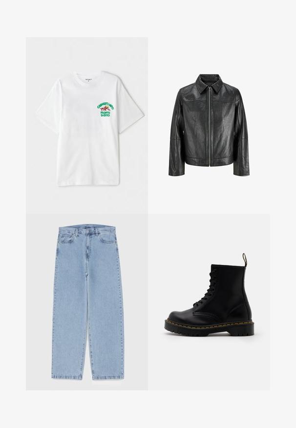 Sort læderjakke med spidse krave, frontlynlås og lange ærmer. Har en glat tekstur og et enkelt design. Ingen yderligere pynt.; Sort turtleneck sweater med en tætsiddende krave, lange ærmer og ribbede manchetter og kant. Lavet af blødt, strækbart stof med en glat tekstur.; Hvid bomulds t-shirt med en grøn og rød grafisk tekst på venstre bryst, der står "cashart Who Pronto Subito." Korte ærmer.; Lyseblå denimjeans med straight leg-design, der har en mid-rise talje, fem lommer og en lukning med knap og lynlås.; Sorte læder ankelstøvler med snørebånd foran, gul syning, en rund tå og en tyk, tekstureret gummisål.