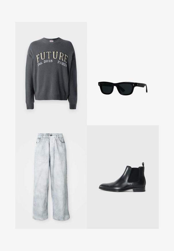 Musta nahkatakki, jossa on terävä kaulus, edessä vetoketju ja pitkät hihat. Sisältää sileän pinnan ja yksinkertaisen muotoilun. Ei ylimääräisiä koristeita.; Tummanharmaa neulepaita, jossa on ribbaus hihansuissa ja helmassa. Rinnassa on beige- ja valkoihoisin brodeerattu teksti "FUTURE Est. 2018 PARIS".; Vaaleansiniset leveälahkeiset farkut, joissa on korkea vyötärö, edessä napitus ja vetoketju, vyölenkit sekä etu- ja takataskut.; Musta nahkainen Chelsea-saapas, jossa on joustavat sivupaneelit, pyöristetty kärki, pieni vetotab tehokkaasti takaosassa sekä matala pino heinä. Sileä pinta.; Musta aurinkolasit, joissa on neliömäiset kehykset, tummat linssit ja sileä muovimateriaali. Edessä on pieniä pyöreitä yksityiskohtia ja hoikkaa varsia.