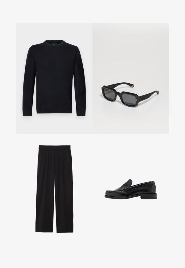 Črna usnjena jakna s točno oblikovano ovratnikom, sprednjim zadrgo in dolgimi rokavi. Ima gladko teksturo in preprost dizajn. Brez dodatnih okraskov.; Temno modra majica z okrolim izrezom iz mehke pletene tkanine, z rebrastimi manšetami in spodnjim robom za oprijeto obliko, z diskretnim logotipom na dnu.; Črne široke hlače z nabranim sprednjim delom, stranskimi žepi in gladko teksturo tkanine. Oblikovane za sproščen kroj.; Črne usnjene loafer čevlje z gladko površino, šivani detajli na prstu in nizka peta za udobje in stil.; Črne pravokotne sončne očala s temnimi lečami, debelimi okvirji, zlatimi detajli in detajlom z mavričnimi črtami na ročaju.