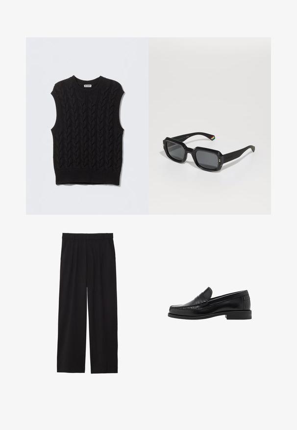 Schwarze Lederjacke mit spitzem Kragen, Frontreißverschluss und langen Ärmeln. Hat eine glatte Textur und ein einfaches Design. Keine zusätzlichen Verzierungen.; Schwarzer, gestrickter ärmelloser Pullover mit Zopfmuster, rundem Ausschnitt und geripptem Saum. Hergestellt aus strukturiertem Stoff für Wärme.; Schwarze, weite Hose mit gefälteltem Vorderteil, seitlichen Taschen und einer glatten Stoffstruktur. Entworfen für eine entspannte Passform.; Schwarze Lederloafer mit glatter Oberfläche, genähten Details an der Zehe und einem flachen Absatzdesign für Komfort und Stil.; Schwarz rechteckige Sonnenbrille mit dunklen Gläsern, dicken Rahmen, goldenen Akzenten und einem regenbogenfarbenen Streifenmuster am Bügel.