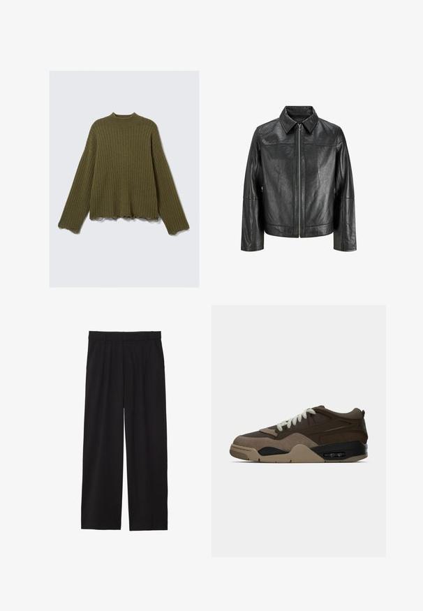 Schwarze Lederjacke mit spitzem Kragen, Frontreißverschluss und langen Ärmeln. Hat eine glatte Textur und ein einfaches Design. Keine zusätzlichen Verzierungen.; Olivegrüner, langärmliger, gerippter Strickpullover mit rohen, ausgefransten Kanten an den Bündchen und dem Saum, flach auf einem weißen Hintergrund ausgelegt.; Schwarze, weite Hose mit gefälteltem Vorderteil, seitlichen Taschen und einer glatten Stoffstruktur. Entworfen für eine entspannte Passform.; Niedrig geschnittene Sneakers in Brauntönen mit hellbeigen Schnürsenkeln, strukturiertem Profil und sichtbarer Luftpolsterung in der Ferse.