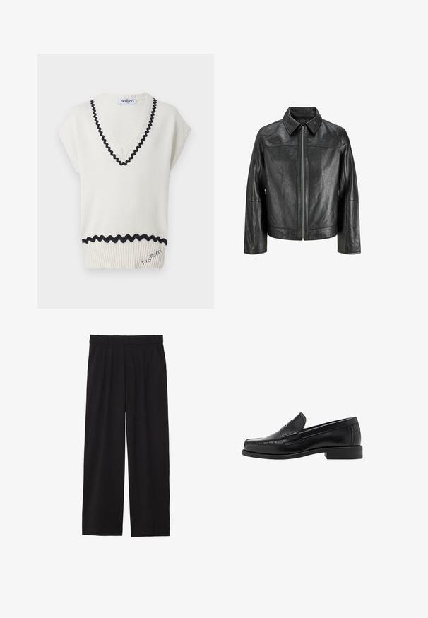 Crna kožna jakna s oštrim kragnom, prednjim zipom i dugim rukavima. Ima glatku teksturu i jednostavan dizajn. Bez dodatnih ukrasa.; Kremasti pleteni top bez rukava s V-izrezom, s crnim valovitim obrubom i rebrastim detaljima na rubu te vezanom logotipom.; Crne široke hlače s nabranim prednjim dijelom, bočnim džepovima i glatkom teksturom tkanine. Dizajnirane za opušteni kroj.; Crne kožne mokasine s glatkom površinom, šivenim detaljima na prstu i dizajnom niskog potplata za udobnost i stil.