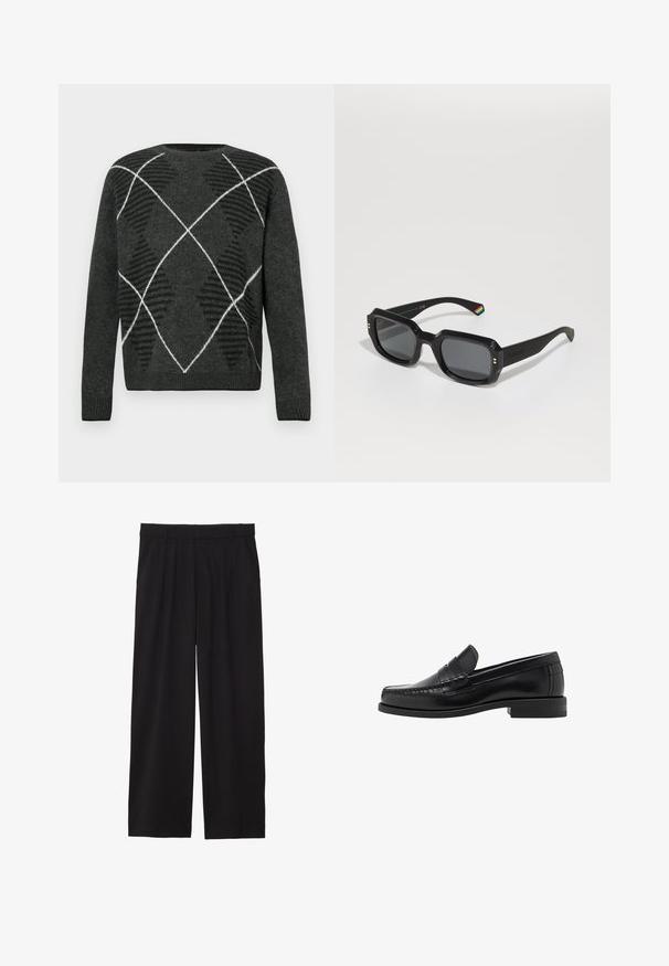 Veste en cuir noir avec un col pointu, fermeture éclair à l'avant et manches longues. Présente une texture lisse et un design simple. Pas d'ornements supplémentaires.; Pull gris foncé avec un motif argyle texturé en noir et blanc. Doté d'un col rond et de poignets côtelés. Tissu doux, manches longues.; Pantalons larges noirs avec un devant plissé, des poches latérales et une texture de tissu lisse. Conçus pour un ajustement décontracté.; Mocassins en cuir noir avec une finition lisse, des coutures sur le bout et un design à talon bas pour le confort et le style.; Lunettes de soleil noires rectangulaires avec des verres foncés, des montures épaisses, des accents dorés et un détail rayé arc-en-ciel sur la branche.