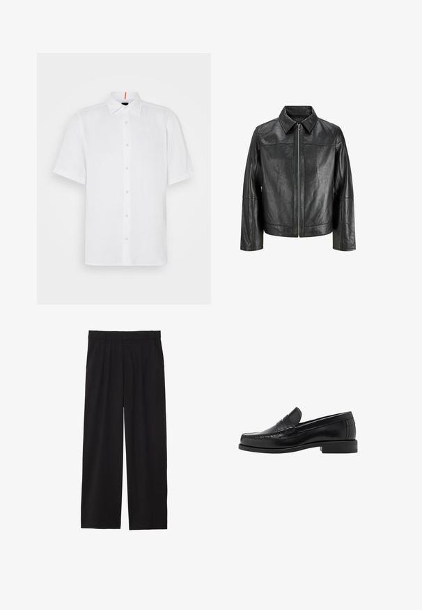Črna usnjena jakna s točno oblikovano ovratnikom, sprednjim zadrgo in dolgimi rokavi. Ima gladko teksturo in preprost dizajn. Brez dodatnih okraskov.; Bela majica s kratkimi rokavi iz lana s ravnim krojem. Opremljena je s sprednjim gumbom, klasično ovratnikom in diskretnimi šivi.; Črne široke hlače z nabranim sprednjim delom, stranskimi žepi in gladko teksturo tkanine. Oblikovane za sproščen kroj.; Črne usnjene loafer čevlje z gladko površino, šivani detajli na prstu in nizka peta za udobje in stil.