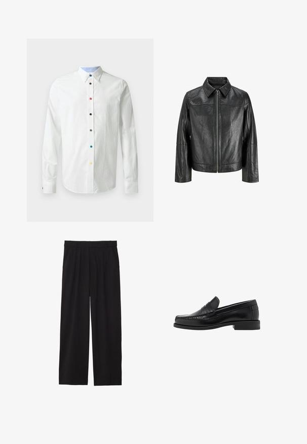 Svart läderjacka med spetsig krage, framdragkedja och långa ärmar. Har en slät yta och enkel design. Inga ytterligare utsmyckningar.; Vit långärmad skjorta med krage som knäpps, med flerfärgade knappar längs framsidan och en ljusblå insida på kragen.; Svarta vida byxor med veckad front, sidofickor och en mjuk textur. Designade för en avslappnad passform.; Svarta läderloafers med en slät finish, sömnadsdetaljer på tån och en låg klackdesign för komfort och stil.
