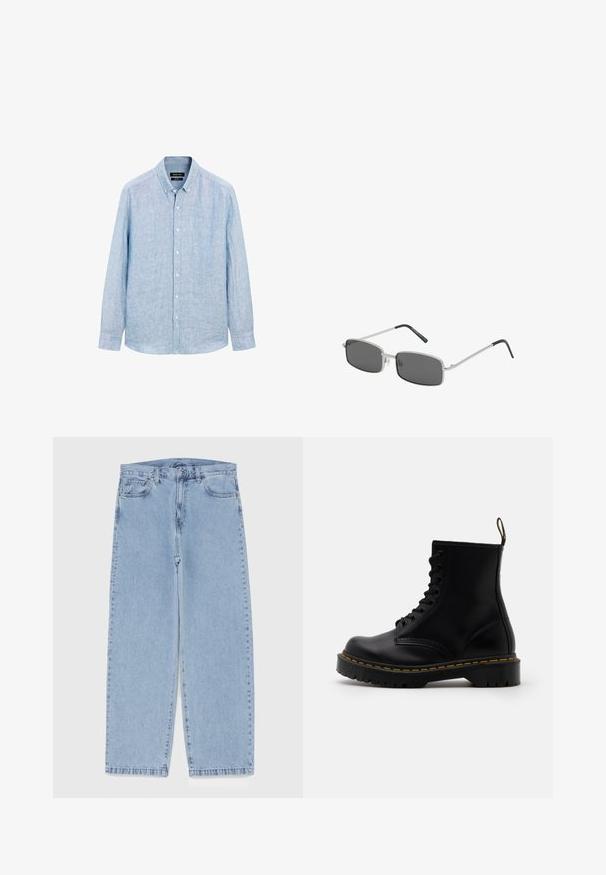 Schwarze Lederjacke mit spitzem Kragen, Frontreißverschluss und langen Ärmeln. Hat eine glatte Textur und ein einfaches Design. Keine zusätzlichen Verzierungen.; Himmelblaues, langärmliges Hemd mit Knöpfen aus einem strukturierten Stoff. Verfügt über einen Button-Down-Kragen und eine vordere Leiste mit weißen Knöpfen.; Hellblaue Jeans aus Denim mit geradem Bein, ausgestattet mit einer mittelhohen Taille, fünf Taschen sowie einem Knopf- und Reißverschluss.; Schwarze Leder-Ankle-Boots mit schnürbarem Vorderteil, gelben Nähten, runder Zehenpartie und dicker, strukturierter Gummisohle.; Rechteckige Sonnenbrille mit dunkelgrauen Gläsern, dünnem silbernen Metallrahmen und schwarz gummierten Bügelspitzen. Minimalistisches Design.