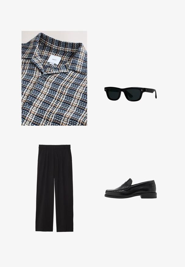 Black leather jacket with a pointed collar, front zipper, and long sleeves. Features a smooth texture and simple design. No additional embellishments.; Navy and cream patterned polo shirt with brown accents, featuring a collar, front buttons, and a fabric tag labeled 'NEXT' size M.; Black wide-leg trousers with a pleated front, side pockets, and a smooth fabric texture. Designed for a relaxed fit.; Black leather loafers with a smooth finish, stitched detailing on the toe, and a low heel design for comfort and style.; Black sunglasses with square frames, dark lenses, and smooth plastic material. Features small, round accents on the front and slender arms.