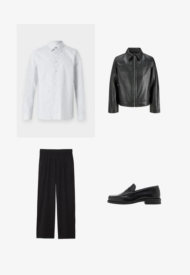 Jachetă din piele neagră cu guler ascuțit, fermoar frontal și mâneci lungi. Se remarcă printr-o textură netedă și un design simplu. Fără embellishementuri suplimentare.; Cămașă cu dungi, în nuanțe de albastru deschis și alb. Prezintă un guler clasic, mâneci lungi și un mic etichetă logo la tiv.; Pantaloni negri largi, cu un front plisat, buzunare laterale și o textură de țesătură netedă. Concepuți pentru o croială relaxată.; Mocasini negri din piele, cu un finisaj neted, detalii cusute pe vârf și un design cu toc jos pentru confort și stil.
