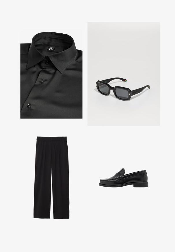 Veste en cuir noir avec un col pointu, fermeture éclair à l'avant et manches longues. Présente une texture lisse et un design simple. Pas d'ornements supplémentaires.; Next EDIT LONG SLEEVE- REGULAR FIT - Chemise - black; Pantalons larges noirs avec un devant plissé, des poches latérales et une texture de tissu lisse. Conçus pour un ajustement décontracté.; Mocassins en cuir noir avec une finition lisse, des coutures sur le bout et un design à talon bas pour le confort et le style.; Lunettes de soleil noires rectangulaires avec des verres foncés, des montures épaisses, des accents dorés et un détail rayé arc-en-ciel sur la branche.