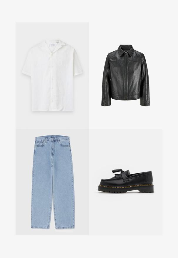 Melnas ādas jaka ar norādītu apkakli, priekšējo rāvējslēdzēju un garām piedurknēm. Raksturīga gluda tekstūra un vienkāršs dizains. Nav papildu dekoratīvu elementu.; Īsām piedurknēm balta krekls ar teksturētu rakstu, pogu frontālā aizdare un izgriezts apkakle. Izgatavots no viegla auduma.; Gai zila džinsu bikses ar taisnu kāju dizainu, kas piedāvā vidēju vidukļa augstumu, piecas kabatas un pogas un rāvējslēdzēja aizdari.; Melnas ādas mokasīni ar pērlītēm uzsvaru, ar masīvu melnu zoli un dzeltenu šuvumu gar malu. Ar teksturētu apdari.