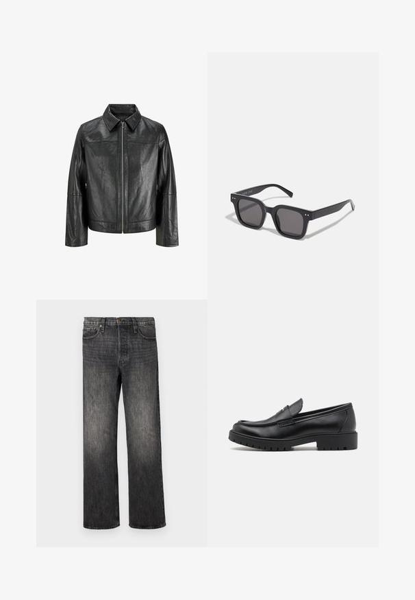 Fekete bőrkabát, hegyes gallérral, elöl cipzárral és hosszú ujjakkal. Simaság jellemzi, és egyszerű dizájnnal rendelkezik. Nincsenek további díszítések.; Fehér pamut póló rövid ujjakkal, kerek nyakkivágással és laza szabással. Simább textúra, látható minták vagy kiegészítők nélkül.; Sötétszürke farmernadrág egyenes szárakkal, öt zsebbel, fémből készült gombos záródással és enyhe kopással. Tiszta tervezés, látható minták nélkül.; Fekete bőr loaferek lekerekített orral, slip-on kialakítással és vastag gumitalppal, amely texturált tapadást biztosít. Emelt sarkú és diszkrét varrási részletek.; Fekete téglalap alakú napszemüveg sötét lencsékkel, vastag kerettel, finom díszítésekkel az oldalán, és a márkanevet leszámítva látható logók nélkül.; Ezüst, többlépcsős nyaklánc, amelyben egy vastag lánc és egy finom lánc található, téglalap alakú fekete kő medál díszíti.