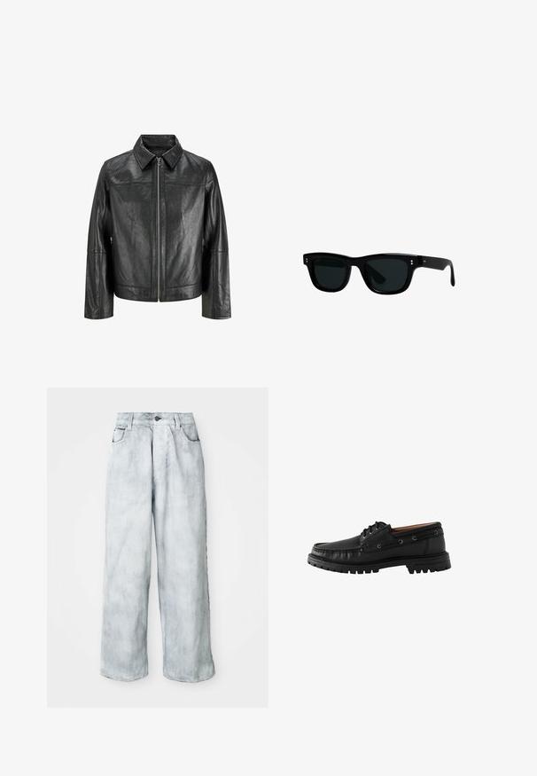 Black leather jacket with a pointed collar, front zipper, and long sleeves. Features a smooth texture and simple design. No additional embellishments.; Solid SDNAHIM - Long sleeved top - true black; Light-wash wide-leg jeans with a high waist, front button and zip closure, belt loops, and front and back pockets.; Black leather boat shoe with a rounded toe, lace-up design, and textured rubber sole. Features stitching accents and metal eyelets.; Black sunglasses with square frames, dark lenses, and smooth plastic material. Features small, round accents on the front and slender arms.