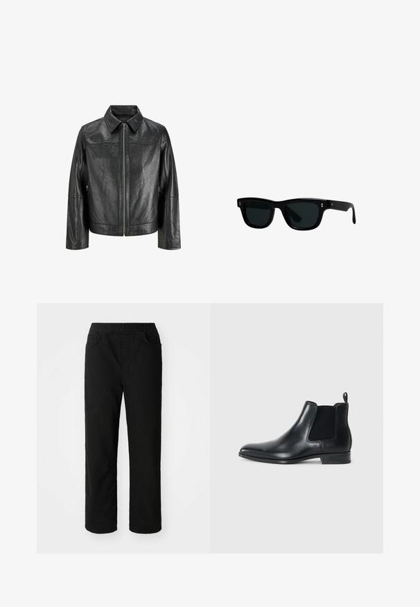 Černá kožená bunda s špičatým límcem, předním zipem a dlouhými rukávy. Má hladkou textura a jednoduchý design. Bez dalších ozdob.; Solid SDNAHIM - Top s dlouhým rukávem - true black; Černé bavlněné kalhoty s uvolněným střihem, elastickým pasem, dvěma předními kapsami a rovnými nohavicemi. Hladká textura bez viditelných vzorů.; Černá kožená Chelsea bota s elastickými bočními panely, kulatou špičkou, malým poutkem na zadní straně a nízkým nadzdvihnutým podpatkem. Hladký povrch.; Černé sluneční brýle se čtvercovými rámy, tmavými čočkami a hladkým plastovým materiálem. Obsahují malé kulaté detaily na přední straně a štíhlé nožičky.; Stříbrné nerezové hodinky s kulatým bílým ciferníkem, černým tachymetrickým rámečkem, zelenými akcenty a kovovým náramkem.