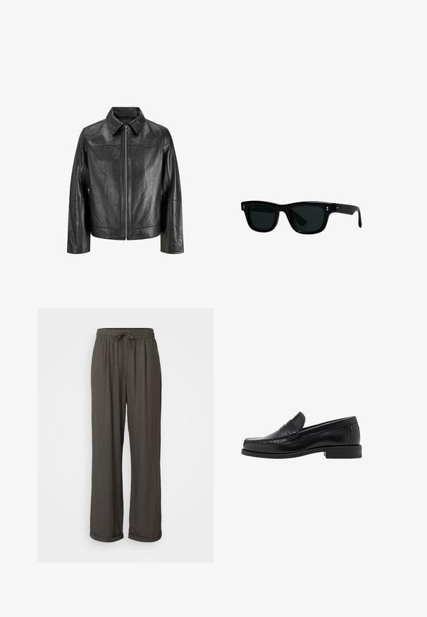 Veste en cuir noir avec un col pointu, fermeture éclair à l'avant et manches longues. Présente une texture lisse et un design simple. Pas d'ornements supplémentaires.; Solid SDNAHIM - T-shirt à manches longues - true black; Pantalons larges gris foncé avec taille à cordon, fabriqués dans un tissu doux et texturé, présentant des ourlets retroussés aux chevilles.; Mocassins en cuir noir avec une finition lisse, des coutures sur le bout et un design à talon bas pour le confort et le style.; Lunettes de soleil noires avec des montures carrées, des verres foncés et un matériau en plastique lisse. Présentent de petits accents ronds à l'avant et des branches fines.; Montre en acier inoxydable argenté avec un cadran rond blanc, lunette tachymétrique noire, accents verts et bracelet en maillons métalliques.