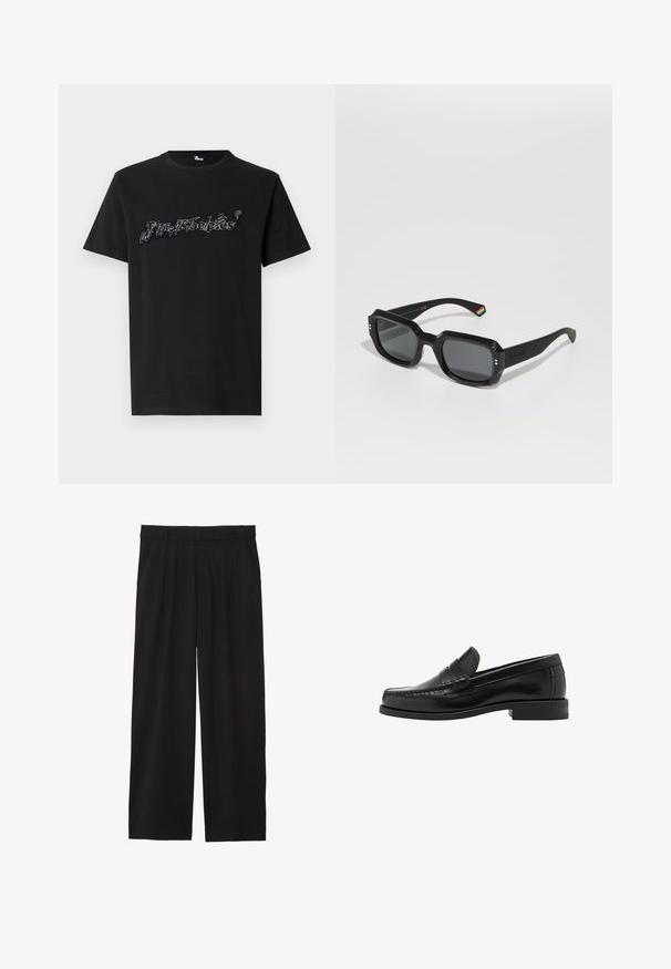 Zwarte leren jas met een puntige kraag, een rits aan de voorkant en lange mouwen. Heeft een gladde textuur en een eenvoudig ontwerp. Geen extra versieringen.; Zwart katoenen T-shirt met een gestileerd wit grafisch tekstontwerp over de borst. Korte mouwen, ronde hals en een losse pasvorm.; Zwarte wijde broek met geplooide voorkant, zijzakken en een gladde stoftextuur. Ontworpen voor een ontspannen pasvorm.; Zwarte leren instappers met een gladde afwerking, gestikte details op de neus en een lage hakontwerp voor comfort en stijl.; Zwarte rechthoekige zonnebril met donkere lenzen, dikke randen, gouden accenten en een regenbooggestreepte detail op de arm.