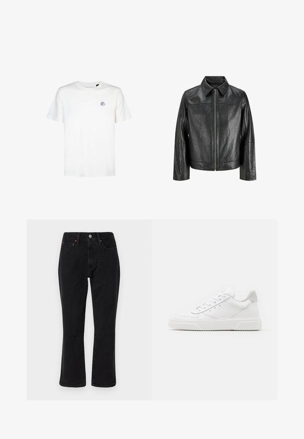 Black leather jacket with a pointed collar, front zipper, and long sleeves. Features a smooth texture and simple design. No additional embellishments.; White cotton t-shirt with a round neckline and short sleeves. Features a small circular logo on the upper left chest area.; Black denim jeans featuring a straight leg design, five-pocket style, and metal hardware with copper accents. Smooth texture and medium rise.; White leather sneakers with a smooth finish, rounded toe, flat laces, and a textured sole. Grey suede accent at the heel.