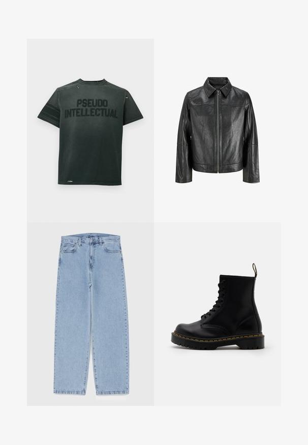 Čierna kožená bunda s špicatým golierom, predným zipsom a dlhými rukávmi. Vyznačuje sa hladkou textúrou a jednoduchým dizajnom. Bez ďalších ozdobných prvkov.; Čierne bavlnené tričko s krátkymi rukávmi s nápisom "PSEUDO INTELLECTUAL" tučným písmom. Má okrúhly výstrih a opotrebované detaily pri golieri.; Svetlomodré denimové džínsy s rovnými nohavicami, s polovysokým pásom, piatimi vreckami a zapínaním na gombík a zips.; Čierne kožené členkové čižmy s šnurovaním vpredu, žltým prešívaním, okrúhlou špičkou a hrubou, textúrovanou gumovou podrážkou.