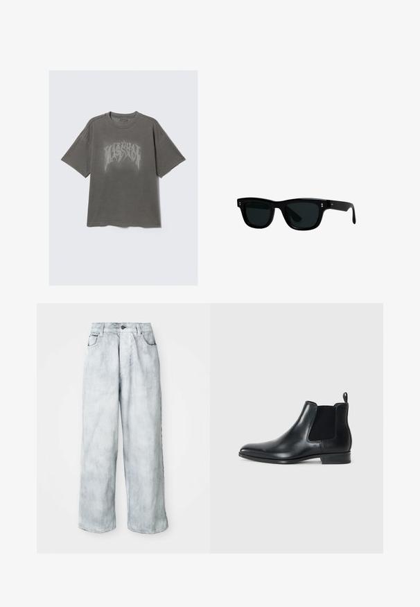 Musta nahkatakki, jossa on terävä kaulus, edessä vetoketju ja pitkät hihat. Sisältää sileän pinnan ja yksinkertaisen muotoilun. Ei ylimääräisiä koristeita.; Harmaa ylikokoinen puuvillainen t-paita, jossa suuri kulunut musta graafinen painatus. Olkapäillä hienovaraiset ompelu-yksityiskohdat.; Vaaleansiniset leveälahkeiset farkut, joissa on korkea vyötärö, edessä napitus ja vetoketju, vyölenkit sekä etu- ja takataskut.; Musta nahkainen Chelsea-saapas, jossa on joustavat sivupaneelit, pyöristetty kärki, pieni vetotab tehokkaasti takaosassa sekä matala pino heinä. Sileä pinta.; Musta aurinkolasit, joissa on neliömäiset kehykset, tummat linssit ja sileä muovimateriaali. Edessä on pieniä pyöreitä yksityiskohtia ja hoikkaa varsia.