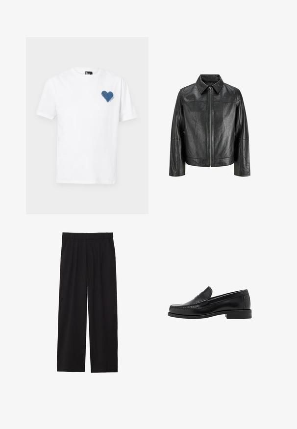 Sort læderjakke med spidse krave, frontlynlås og lange ærmer. Har en glat tekstur og et enkelt design. Ingen yderligere pynt.; Hvid bomulds t-shirt med en blå denim hjerteapplikation på venstre bryst. Kortærmet og med en klassisk rund hals.; Sorte brede bukser med en plisseret front, sidelommer og en glat stoftekstur. Designet til en afslappet pasform.; Sorte læder loafers med en glat finish, syede detaljer på tåen og et lavt hældesign for komfort og stil.