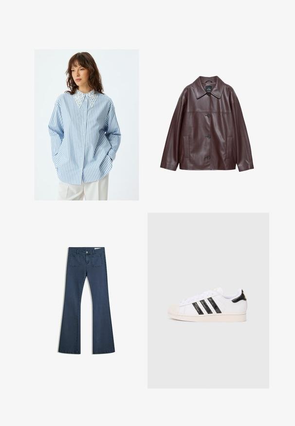 Burgundin värinen keinonahkajakku, jossa on lovipäällinen kaulus, etupainonappisulku ja sivutaskut. Ominaisuudet sisältävät sileän, kiiltävän pinnan.; Vaaleansininen ja valkoinen raidallinen nappikauluspaidassa on koristeellinen valkoinen pitsikaulus. Paidassa on pitkät hihat ja rento istuvuus.; Tummansiniset leveälahkeiset farkut, joissa on tikatut taskut, nappisuljenta ja sileä pinta. Ominaisuuksiin kuuluu klassinen viiden taskun muotoilu.; Valkoiset tennarit, joissa on mustia teksturoituja raitoja ja yksityiskohtia; sisältää kumisen varvaskannan, litteät nauhat ja pehmusteet nilkan ympärillä.