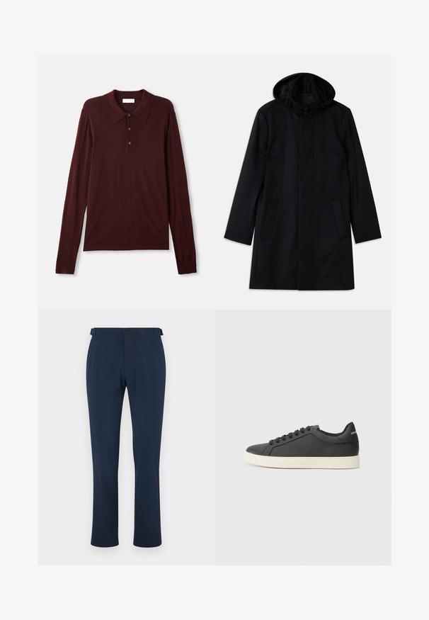 Black coat made of textured fabric, featuring a hood, button closure, two front pockets, and a straight cut design.; Long-sleeve, deep burgundy polo shirt in soft fabric. Features a classic collar, three button placket, and fitted cuffs.; Navy trousers made of smooth fabric, featuring a straight leg design, belt loops, and a single button closure. Minimalist style with no patterns.; Black leather sneaker with a low profile, rounded toe, and lace-up closure; features a textured rubber sole and logo detail on the heel.