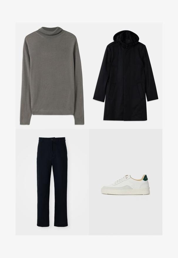 Črn plašč iz teksturirane tkanine, z kapuco, z gumbom za zapiranje, dvema sprednjima žepoma in ravno obliko.; Siv pulover s turtleneck iz mehke, lahke tkanine. Ima dolge rokave in rebrast ovratnik ter gladko teksturo po celotni površini.; Temno modri hlače iz bombaža, s ravnim krojem, sprednjim gumbom in klasičnim pasom z zankami za pas.; Bela trenerka z zaključki iz semiša, okroglo konico, ravne vezalke in kremna gumijasta podplata. Ima zeleno blagovno znamko na peti.
