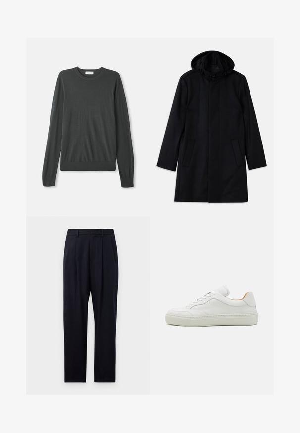 Fekete kabát textúrált anyagból, kapucnival, gombos záródással, két elülső zsebbel és egyenes szabású dizájnnal.; Sötét szürke, hosszú ujjú kötött pulóver kör alakú nyakkivágással, szűkített mandzsettákkal és bordázott aljjal. Simább textúra, látható minták vagy díszítések nélkül.; Tengerészkék egyenes szabású nadrág, texturált anyagból, két elülső pliszéval, övhurkokkal és cipzáras záródással.; Fehér bőr tornacipő, kerek orral, lapos fűzőkkel, párnázott nyelvvel és texturált talppal. Simaság jellemzi, minimalista dizájnnal.
