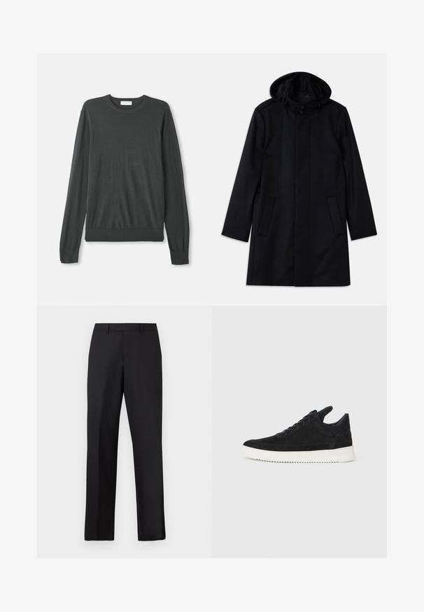 Juodas paltas, pagamintas iš tekstūruotos medžiagos, su gobtuvu, sagčių uždarymu, dviem priekinių kišenių ir tiesia siluetu.; Tamsiai pilkas ilgos rankovės megztinis su apvalia iškirpte, prigludusiais rankogaliais ir raukšlėtu apačia. Lygus paviršius be matomų raštų ar puošmenų.; Juodos, tiesios kojų kelnės iš lygaus audinio. Turi standartinę juosmens juostą ir neturi matomų raštų ar akcentų.; Juodų suede sportbačių su balta gumine padu, su toniniais siuvinėjimais ir raištelių užsegimu. Sklandus paviršius su šiuolaikine, laiko forma.